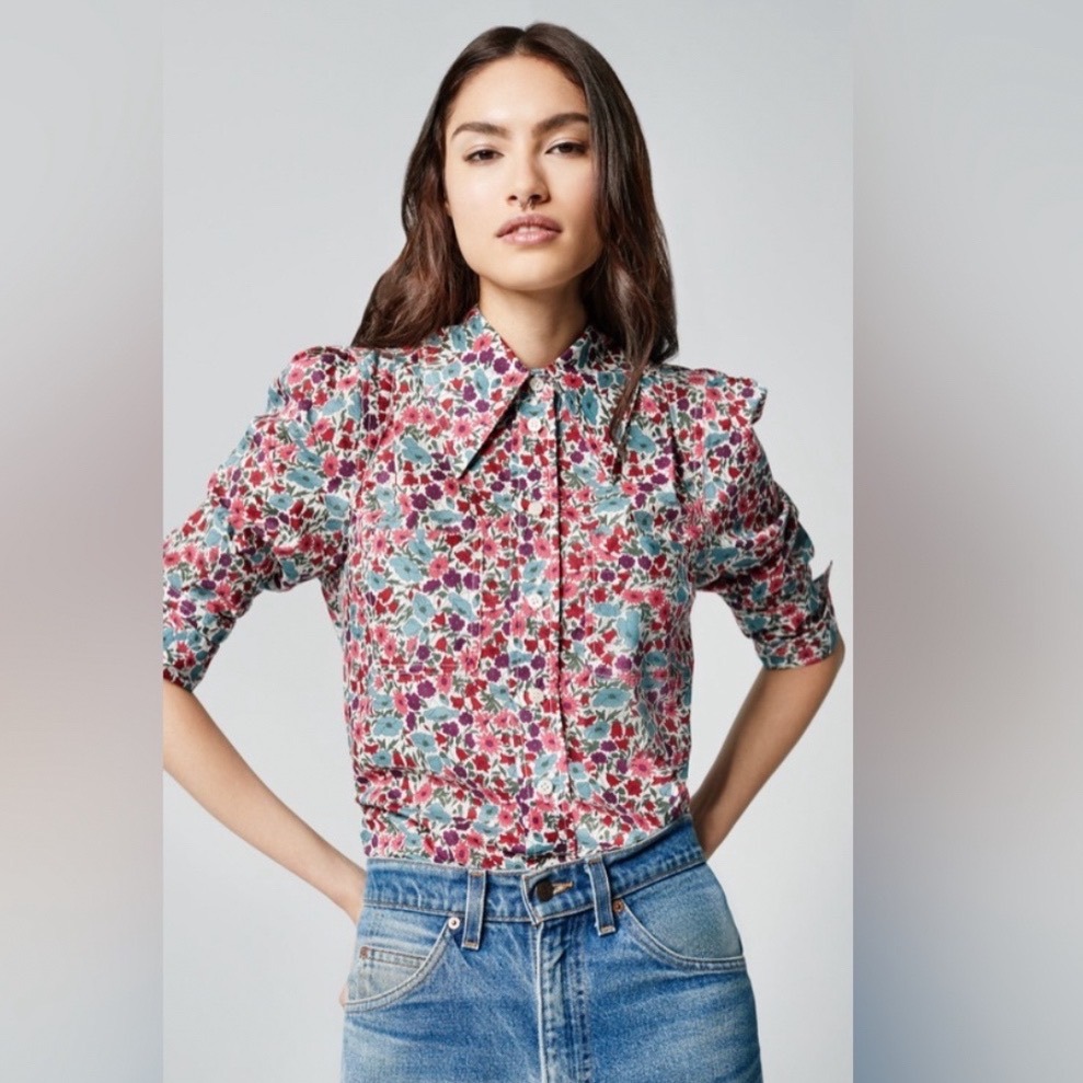 Smythe Crop Sleeve Box Pleat Multi Floral Button Down Shirt Puff Shoulder Size S